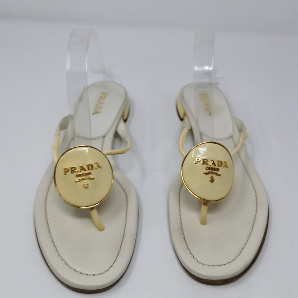 Prada Cream Enamel Logo Plaque Sandals - Picture 4 of 7